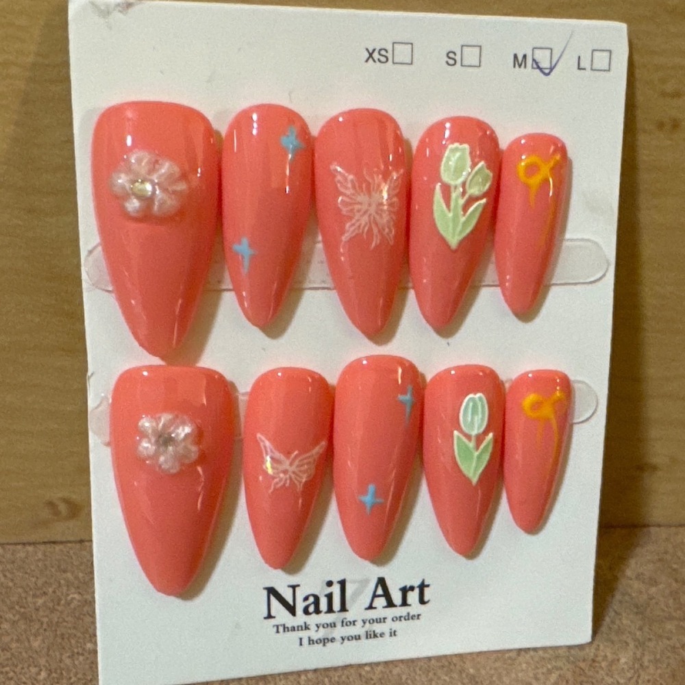 Coral Pink Press On Nails 3D Flower Butterfly Tulip Almond Shape Medium Set